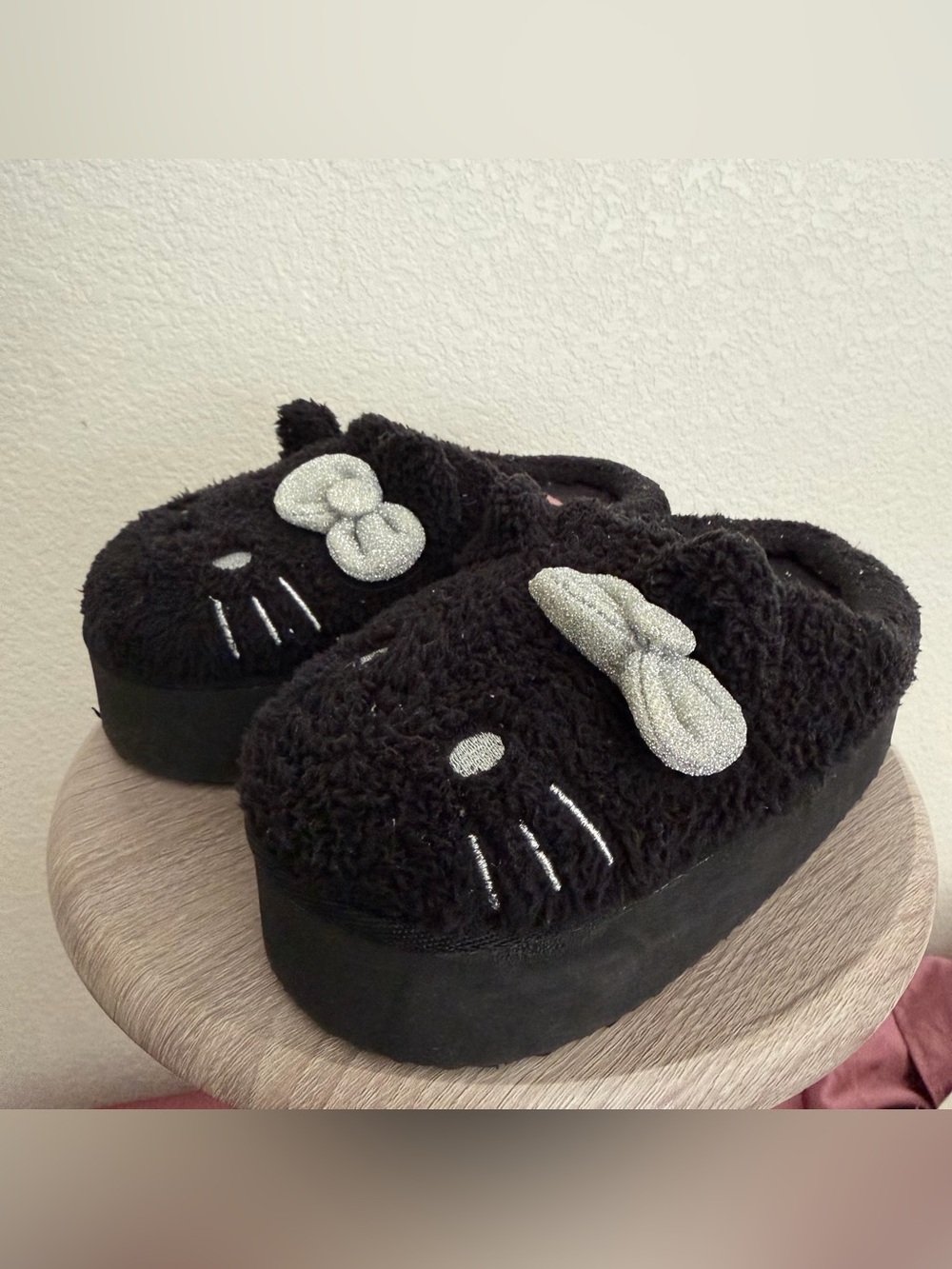 Kids Black Plush Cat Slippers with Silver Bow